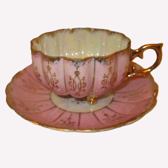 Hand painted pink & gold gilded three legged with iridescent white Shafford Japa - Picture 3 of 10